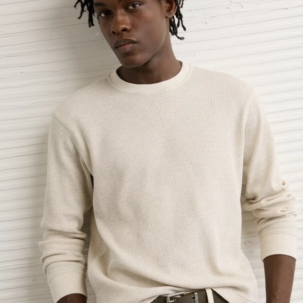 American Eagle waffle weave knit crewnecks pullover shirt tan size medium
